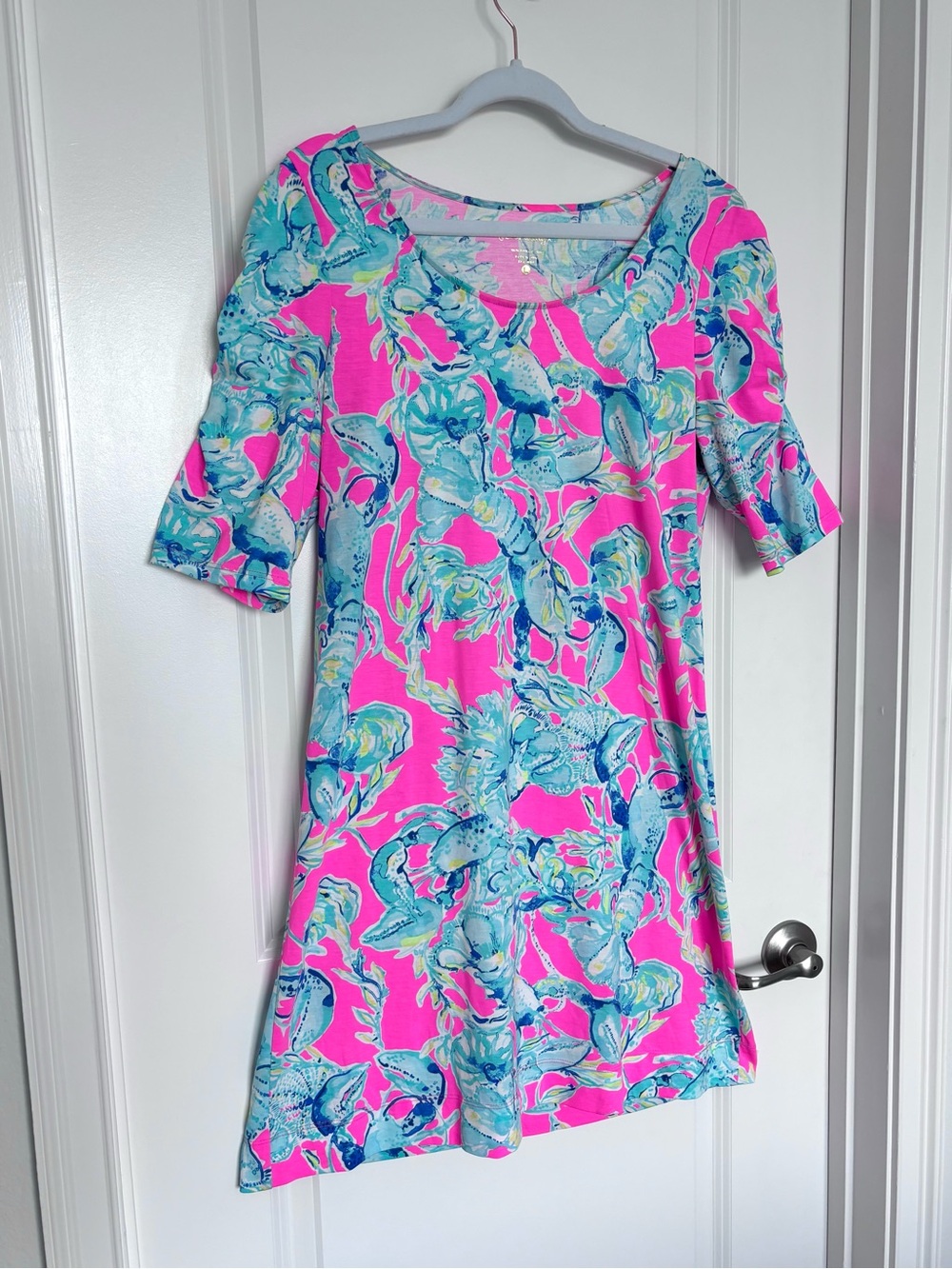 Lilly Pulitzer Raz Berry Lobsters in Love La Jolla Pink Dress Pima Cotton Large